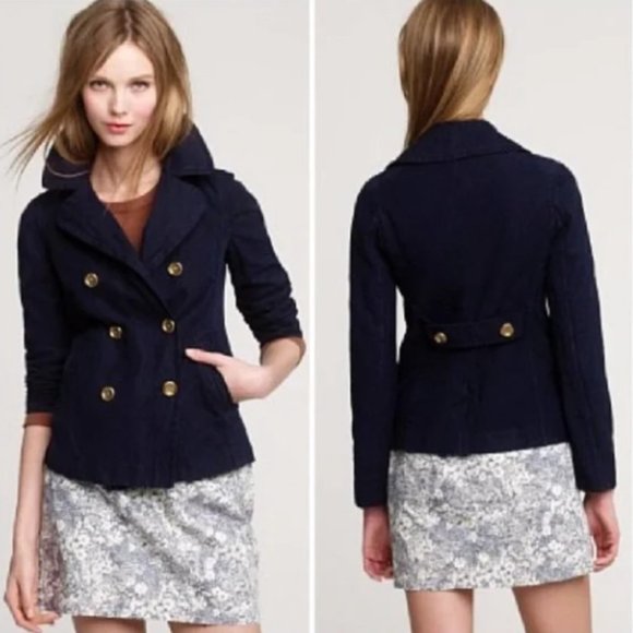 J. CREW I Navy Blue Indigo Metallic Pea Coat Double Breasted Jacket, 4 - Picture 3 of 16